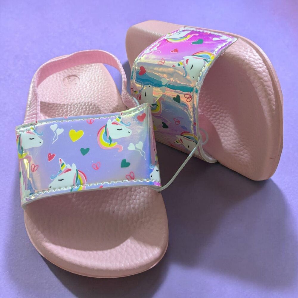 Toddler Unicorn Slide Sandals Pink Holographic Rainbow Girls Size 7/8